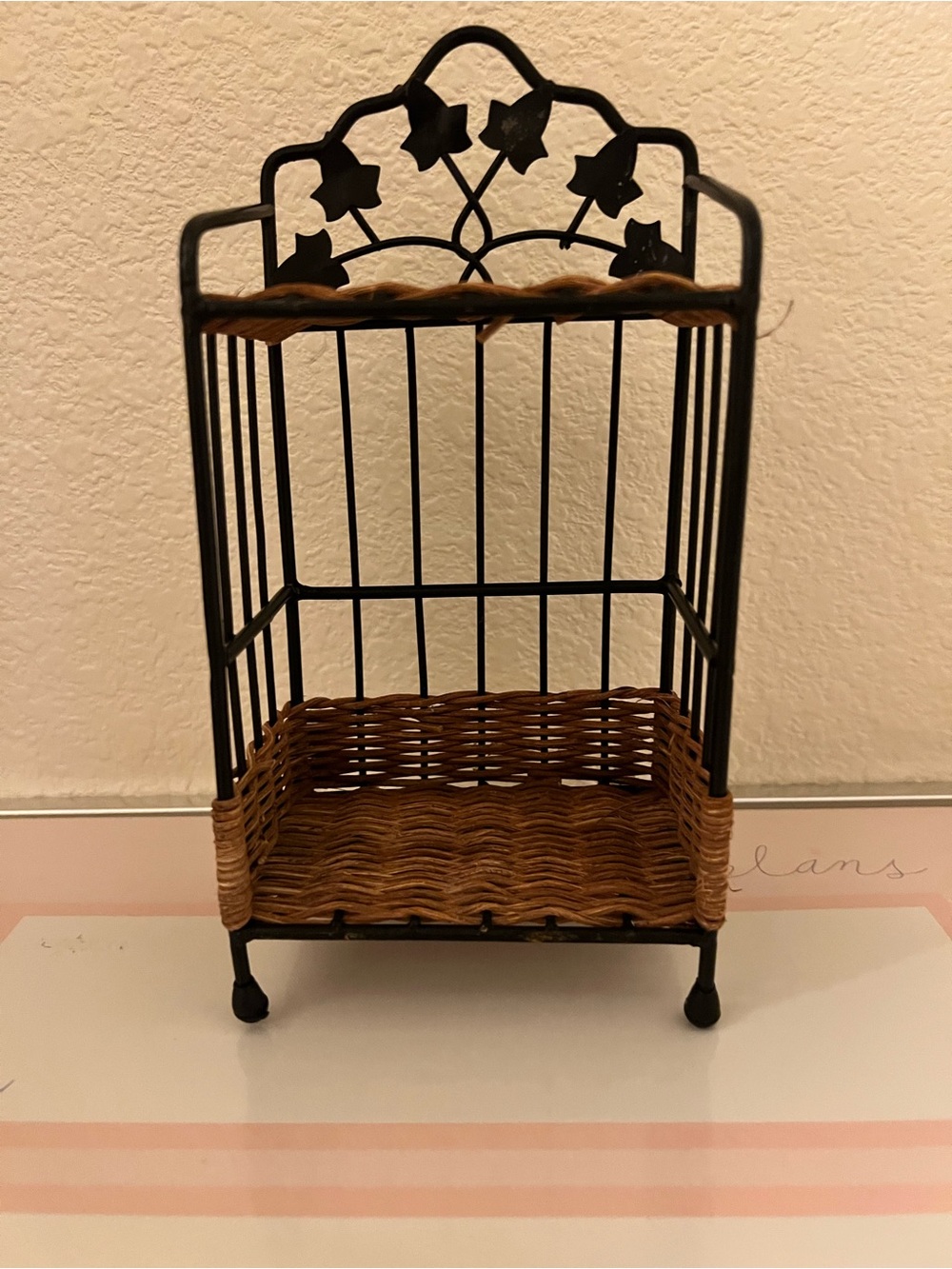 Woven Rattan & Black Metal Two-Tier Shelf